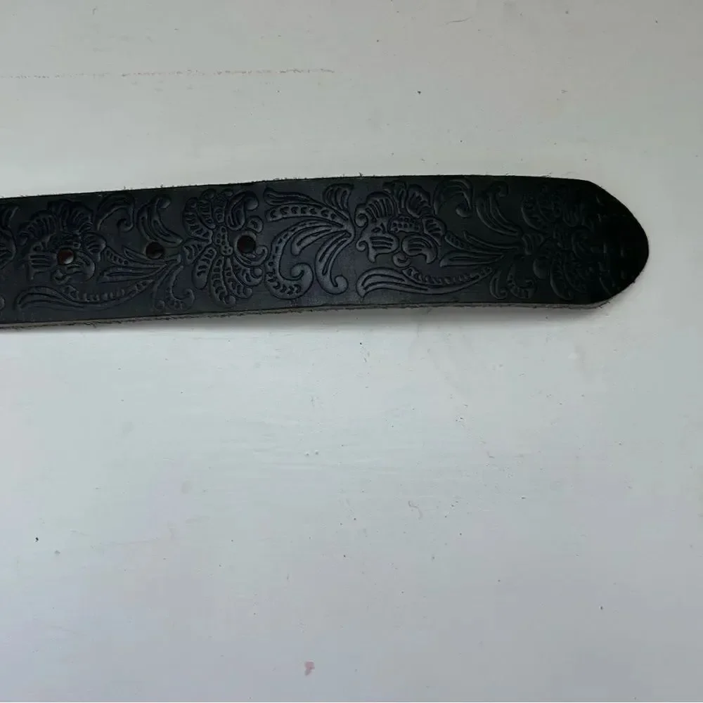 Mens Black Embossed Genuine Leather Embossed Western Inspired Belt Silver Buckle